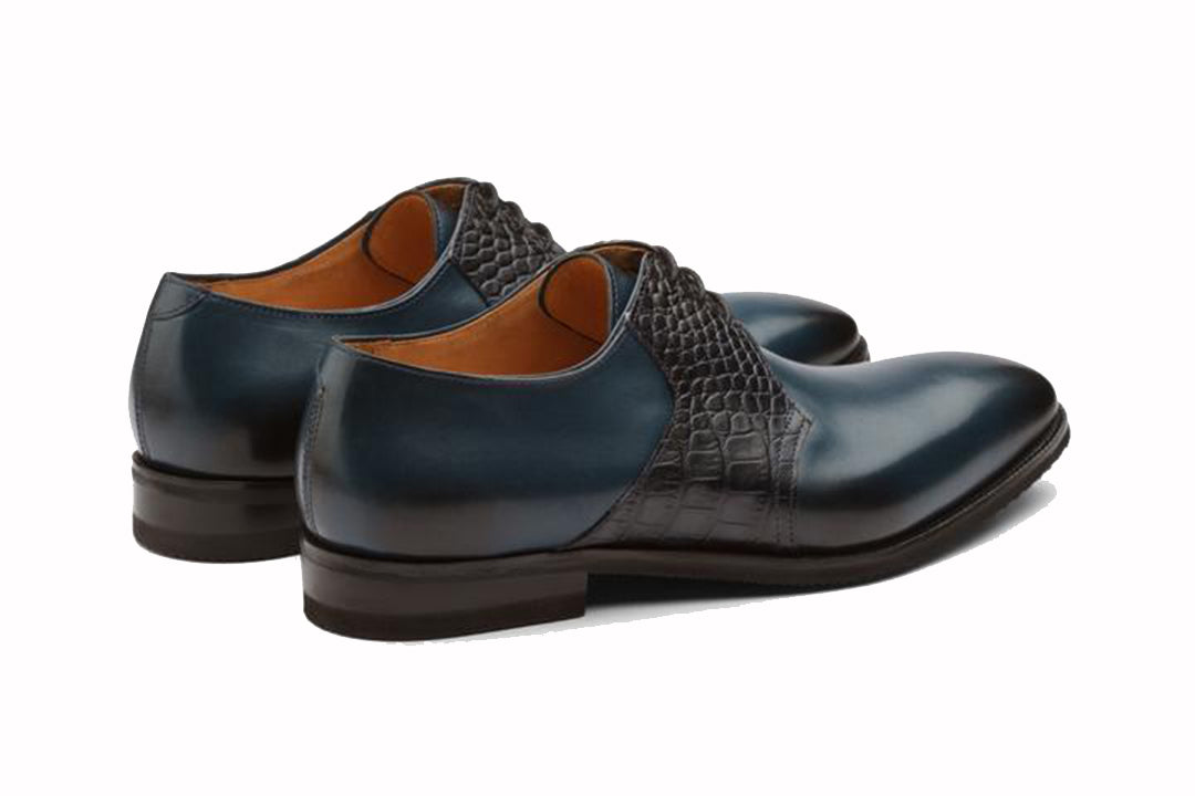 Navy Blue Black Croco Print Exotic Skin Leather Formal Derby Lace Up Shoes for Men with Leather Sole. Goodyear Welted Construction Available.