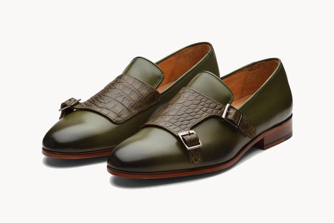 Olive Green Brown Croco Print Leather Formal Monk Strap Loafer Slip On Shoes for Men with Leather Sole. Goodyear Welted Construction Available.