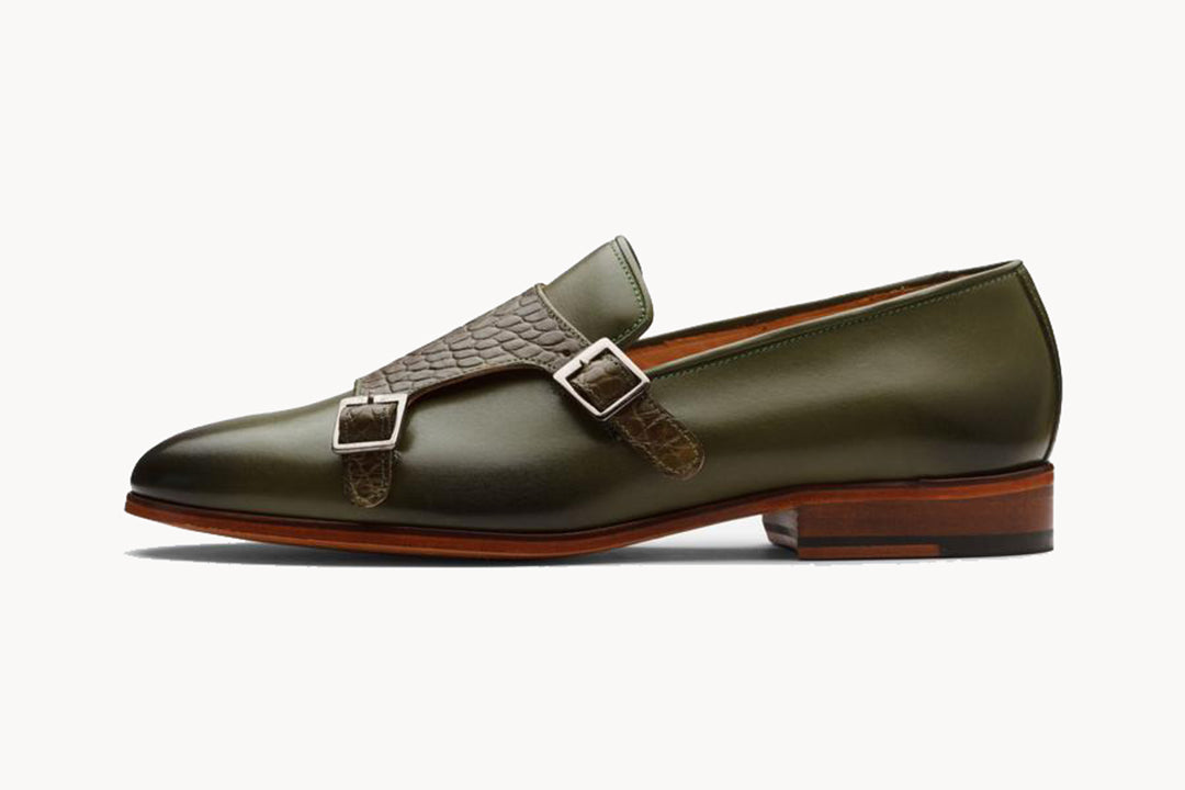 Olive Green Brown Croco Print Leather Formal Monk Strap Loafer Slip On Shoes for Men with Leather Sole. Goodyear Welted Construction Available.