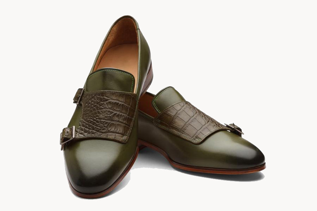 Olive Green Brown Croco Print Leather Formal Monk Strap Loafer Slip On Shoes for Men with Leather Sole. Goodyear Welted Construction Available.