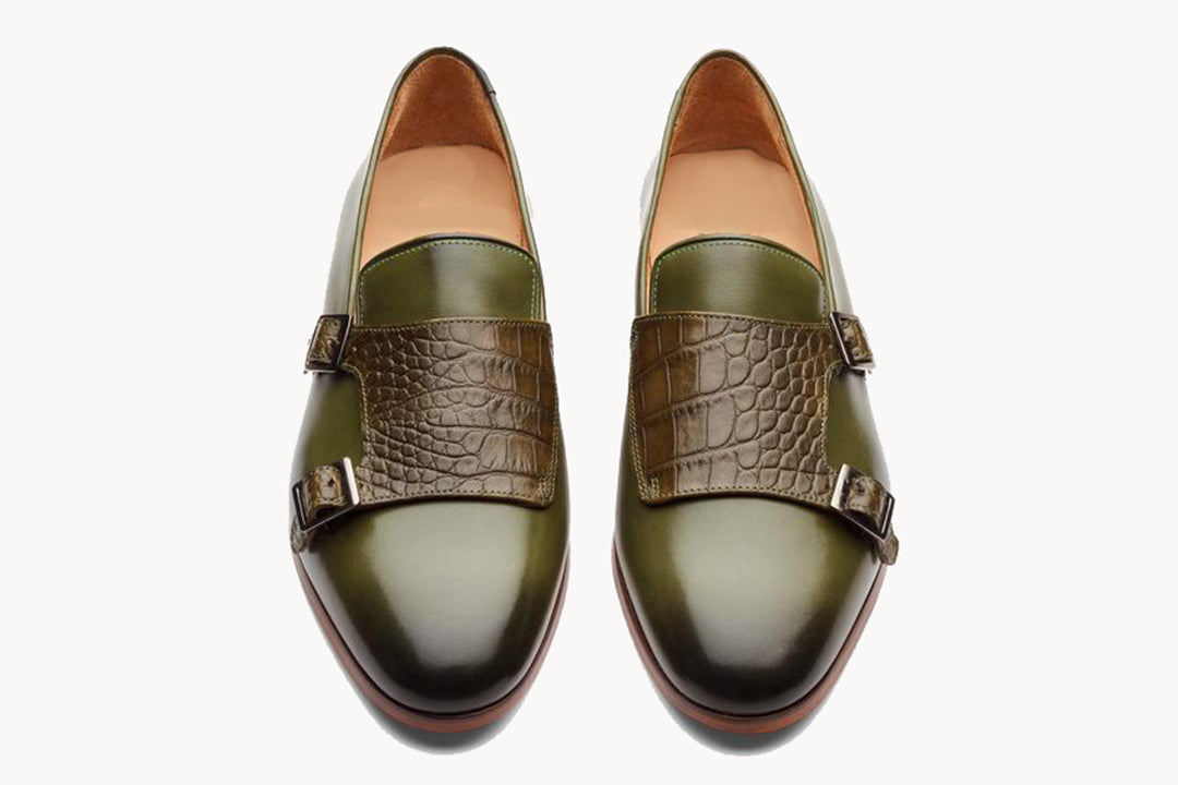 Olive Green Brown Croco Print Leather Formal Monk Strap Loafer Slip On Shoes for Men with Leather Sole. Goodyear Welted Construction Available.