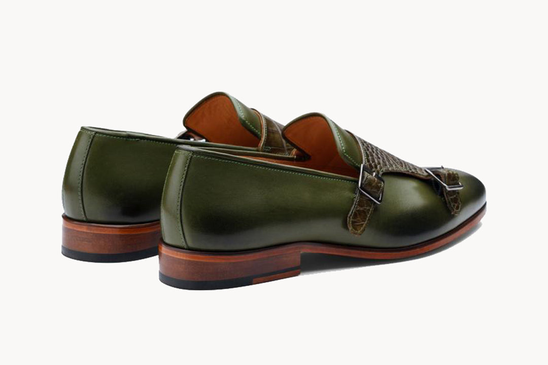 Olive Green Brown Croco Print Leather Formal Monk Strap Loafer Slip On Shoes for Men with Leather Sole. Goodyear Welted Construction Available.