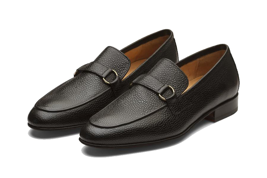 Black Leather Formal Penny Loafer Slip On Textured Shoes for Men with Leather Sole. Goodyear Welted Construction Available.