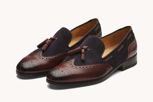 Brown Leather Navy Blue Suede Wingtip Formal Tassel Loafer Slip On Shoes for Men with Leather Sole. Goodyear Welted Construction Available.