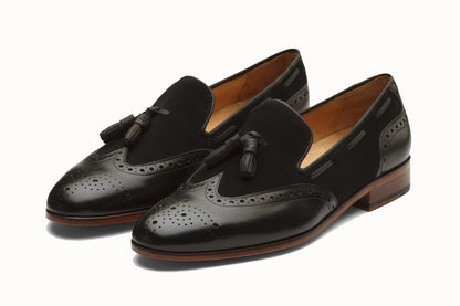 Black Leather Suede Wingtip Formal Tassel Loafer Slip On Shoes for Men with Leather Sole. Goodyear Welted Construction Available.