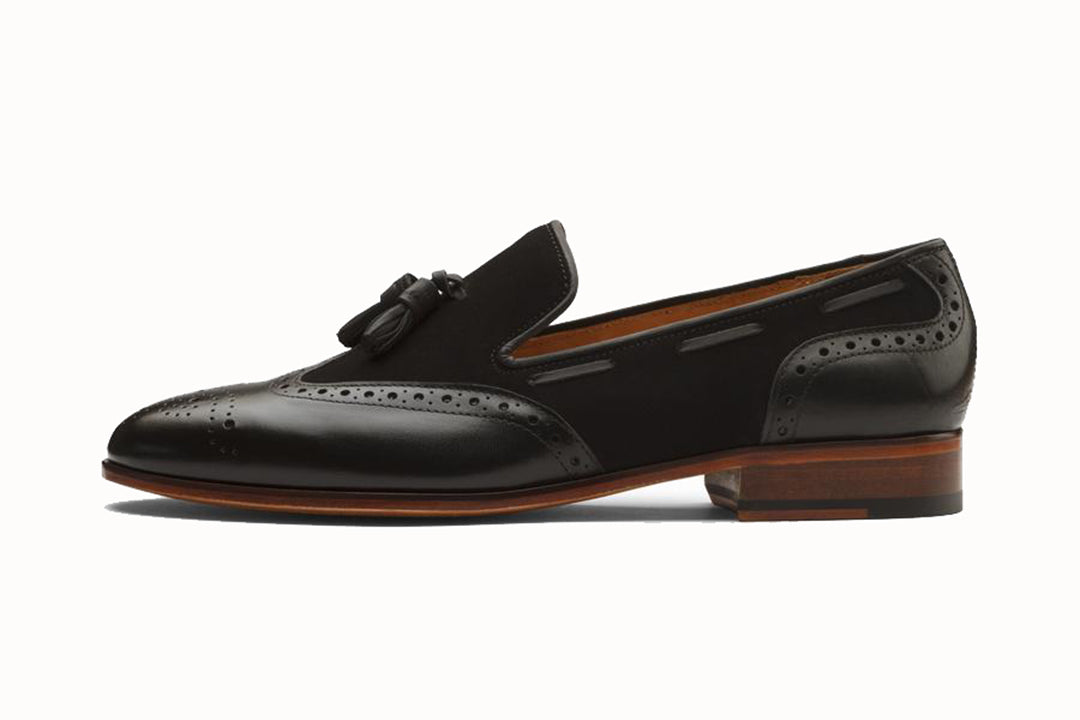 Black Leather Suede Wingtip Formal Tassel Loafer Slip On Shoes for Men with Leather Sole. Goodyear Welted Construction Available.