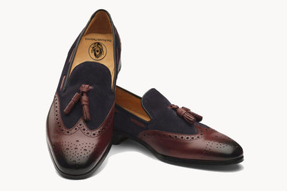 Brown Leather Navy Blue Suede Wingtip Formal Tassel Loafer Slip On Shoes for Men with Leather Sole. Goodyear Welted Construction Available.