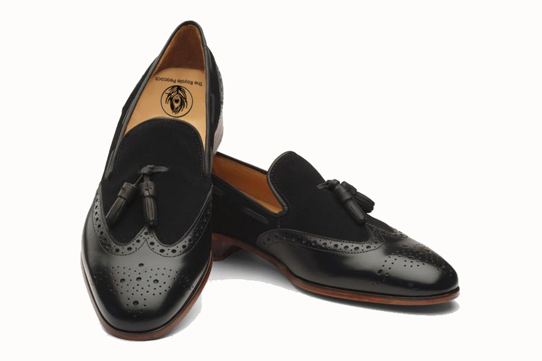 Black Leather Suede Wingtip Formal Tassel Loafer Slip On Shoes for Men with Leather Sole. Goodyear Welted Construction Available.