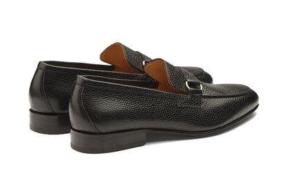 Black Leather Formal Penny Loafer Slip On Textured Shoes for Men with Leather Sole. Goodyear Welted Construction Available.