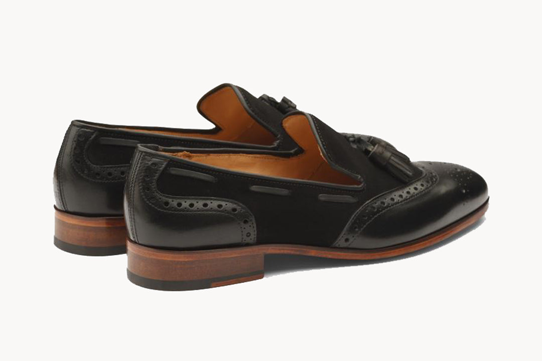 Black Leather Suede Wingtip Formal Tassel Loafer Slip On Shoes for Men with Leather Sole. Goodyear Welted Construction Available.