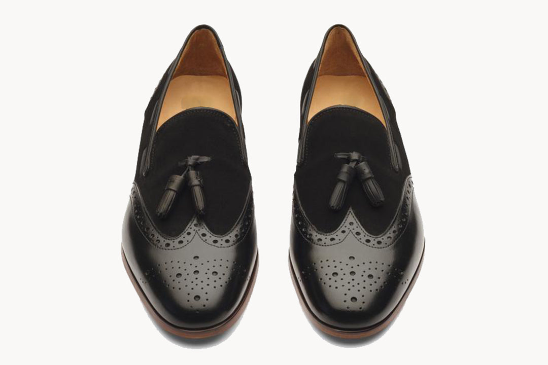 Black Leather Suede Wingtip Formal Tassel Loafer Slip On Shoes for Men with Leather Sole. Goodyear Welted Construction Available.