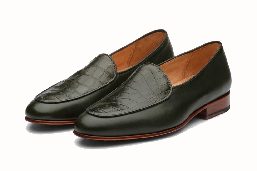 Olive Green Croco Print Leather Formal Loafer Slip On Shoes for Men with Leather Sole. Goodyear Welted Construction Available.