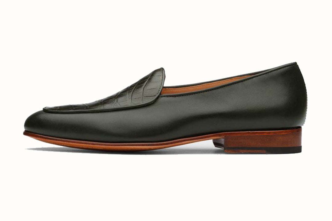 Olive Green Croco Print Leather Formal Loafer Slip On Shoes for Men with Leather Sole. Goodyear Welted Construction Available.