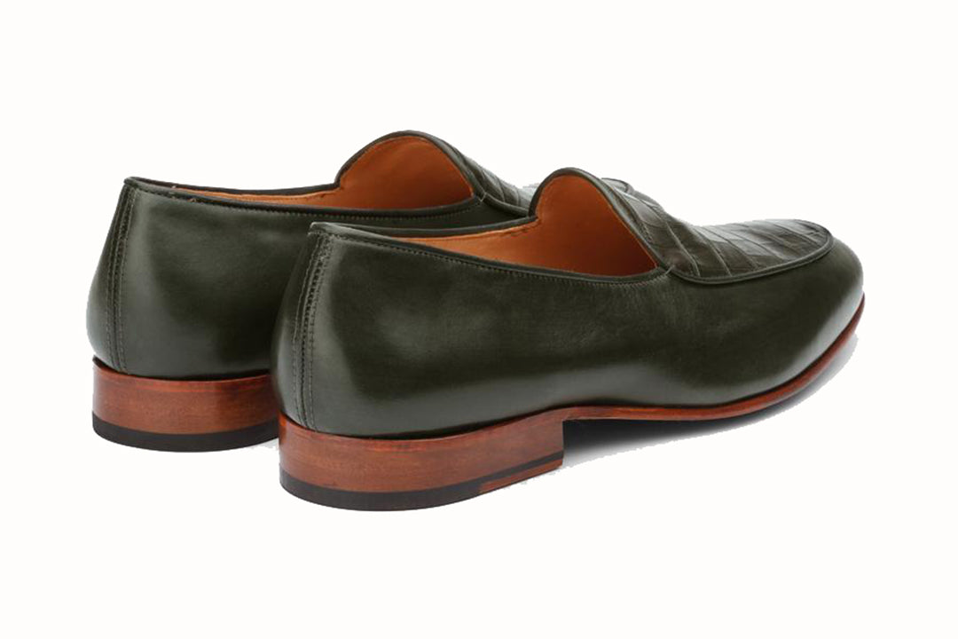 Olive Green Croco Print Leather Formal Loafer Slip On Shoes for Men with Leather Sole. Goodyear Welted Construction Available.