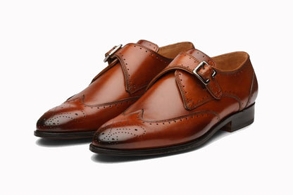 Tan Brown Leather Formal Wingtip Brogue Single Monk Strap Buckle Shoes for Men with Leather Sole. Goodyear Welted Construction Available.