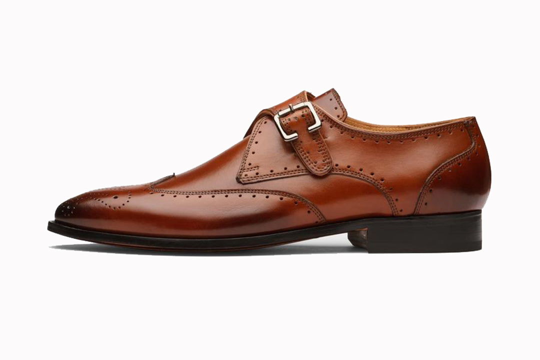 Tan Brown Leather Formal Wingtip Brogue Single Monk Strap Buckle Shoes for Men with Leather Sole. Goodyear Welted Construction Available.