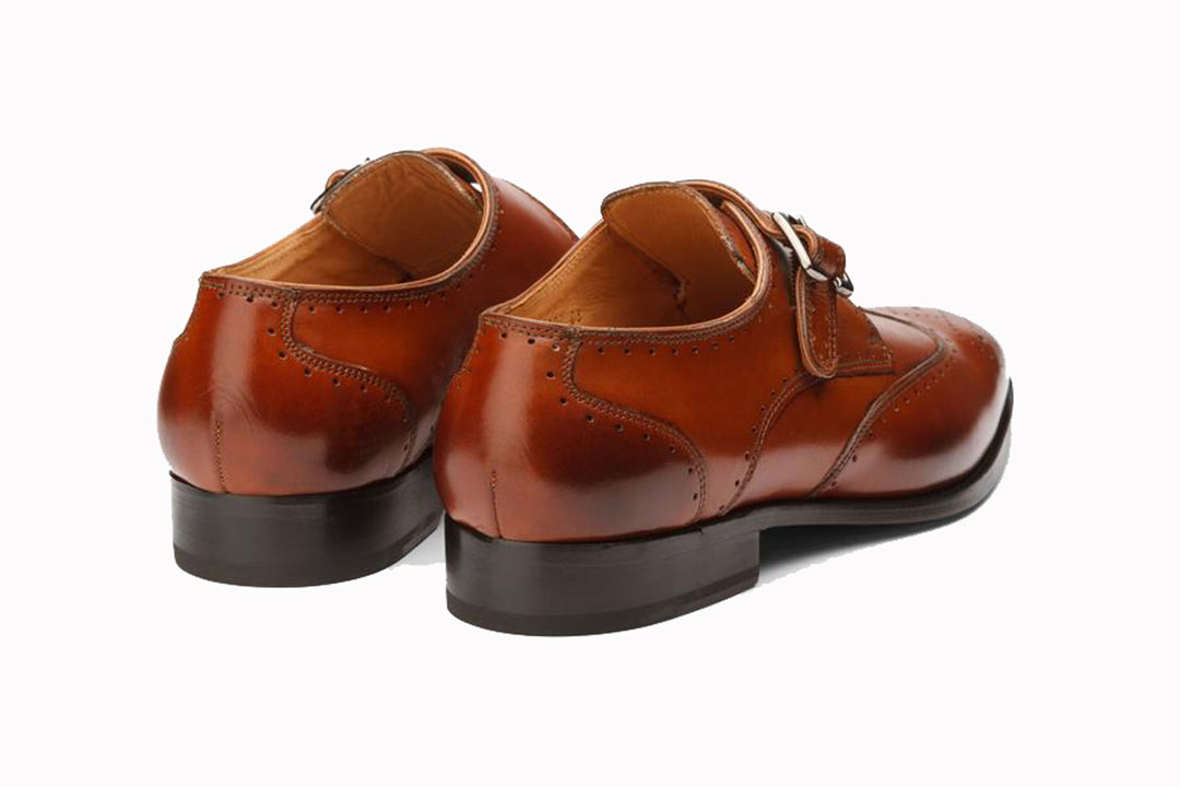Tan Brown Leather Formal Wingtip Brogue Single Monk Strap Buckle Shoes for Men with Leather Sole. Goodyear Welted Construction Available.