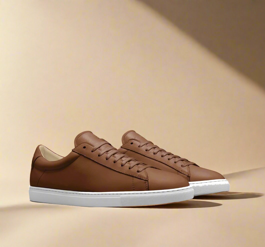 Brown Tan Leather Low Top Lace Up Sneaker for Men. White Comfortable Cup Sole.