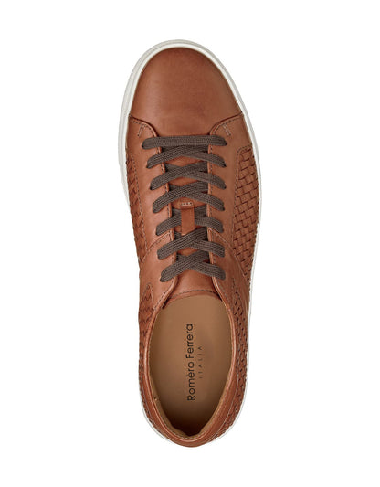 Brown Tan Braided Leather Low Top Lace Up Sneaker for Men. White Comfortable Cup Sole.