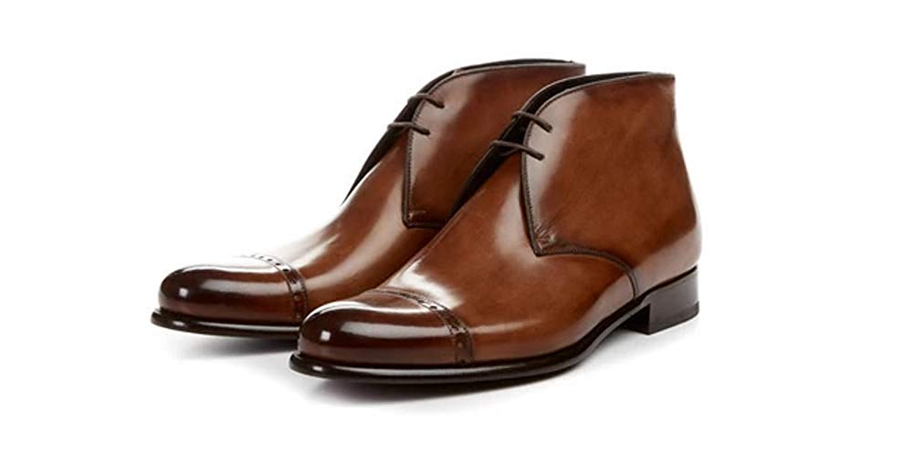 Tan Patina Finish Leather Formal Chukka Boot Lace Up Shoes for Men with Leather Sole. Goodyear Welted Construction Available.