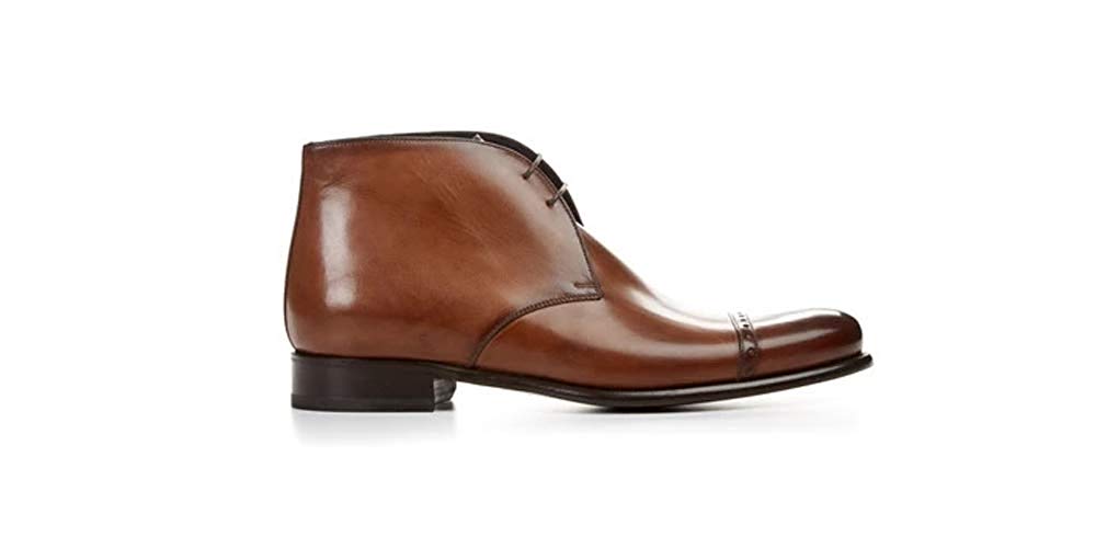 Tan Patina Finish Leather Formal Chukka Boot Lace Up Shoes for Men with Leather Sole. Goodyear Welted Construction Available.