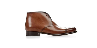 Tan Patina Finish Leather Formal Chukka Boot Lace Up Shoes for Men with Leather Sole. Goodyear Welted Construction Available.