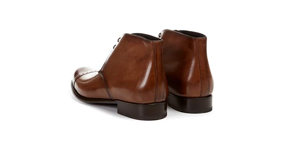 Tan Patina Finish Leather Formal Chukka Boot Lace Up Shoes for Men with Leather Sole. Goodyear Welted Construction Available.