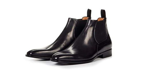Black Leather Formal Short Chelsea Slip On Boot Shoes for Men with Leather Sole. Goodyear Welted Construction Available.