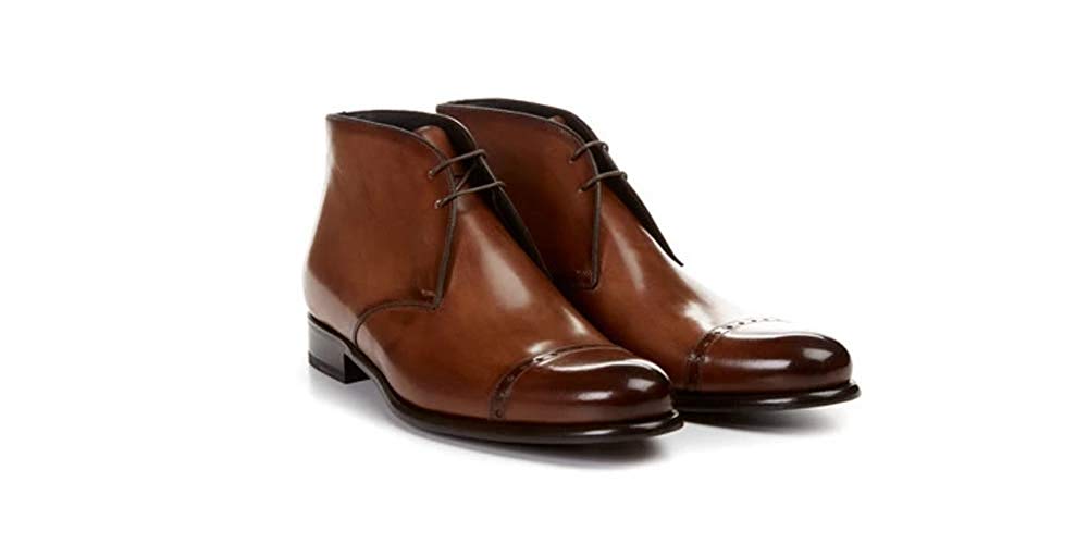 Tan Patina Finish Leather Formal Chukka Boot Lace Up Shoes for Men with Leather Sole. Goodyear Welted Construction Available.