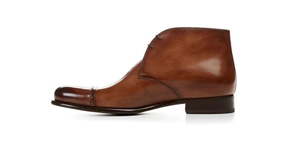 Tan Patina Finish Leather Formal Chukka Boot Lace Up Shoes for Men with Leather Sole. Goodyear Welted Construction Available.