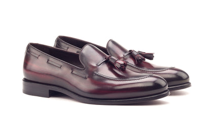 Burgundy Leather Patina Finish Formal Tassel Loafer Slip On Shoes for Men with Leather Sole. Goodyear Welted Construction Available.