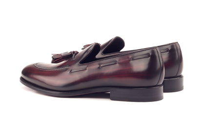 Burgundy Leather Patina Finish Formal Tassel Loafer Slip On Shoes for Men with Leather Sole. Goodyear Welted Construction Available.
