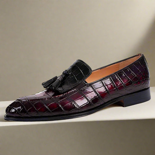 Burgundy Cherry Red Black Croco Print Leather Formal Frill Tassel Loafer Slip On Shoes for Men with Leather Sole. Goodyear Welted Construction Available.