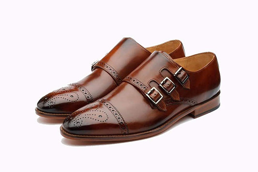 Tan Leather Formal Toe Cap Brogue Triple Monk Strap Buckle Shoes for Men with Leather Sole. Goodyear Welted Construction Available.