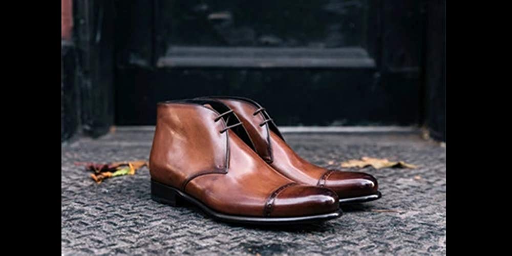 Tan Patina Finish Leather Formal Chukka Boot Lace Up Shoes for Men with Leather Sole. Goodyear Welted Construction Available.