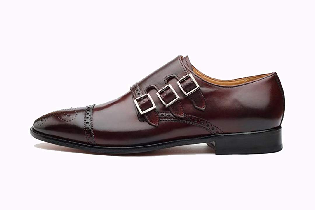 Purple Leather Formal Toe Cap Brogue Triple Monk Strap Buckle Shoes for Men with Leather Sole. Goodyear Welted Construction Available.