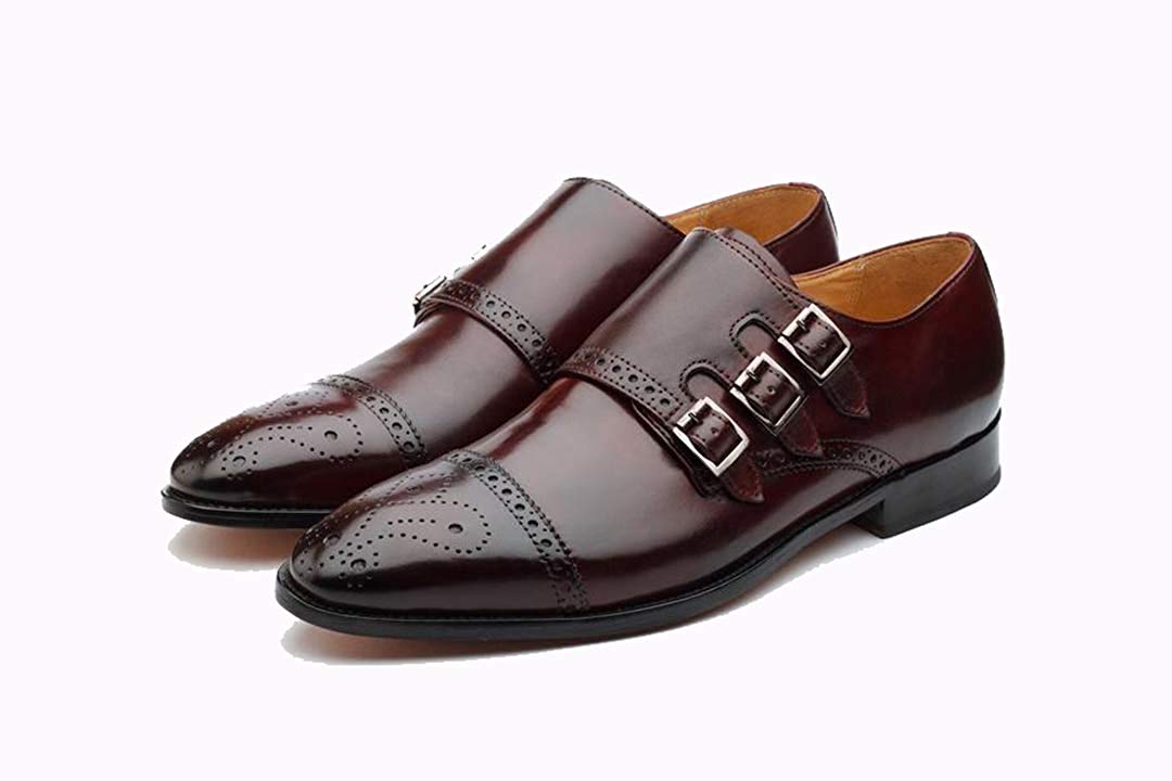 Purple Leather Formal Toe Cap Brogue Triple Monk Strap Buckle Shoes for Men with Leather Sole. Goodyear Welted Construction Available.