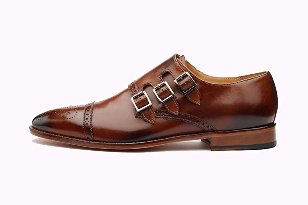 Tan Leather Formal Toe Cap Brogue Triple Monk Strap Buckle Shoes for Men with Leather Sole. Goodyear Welted Construction Available.