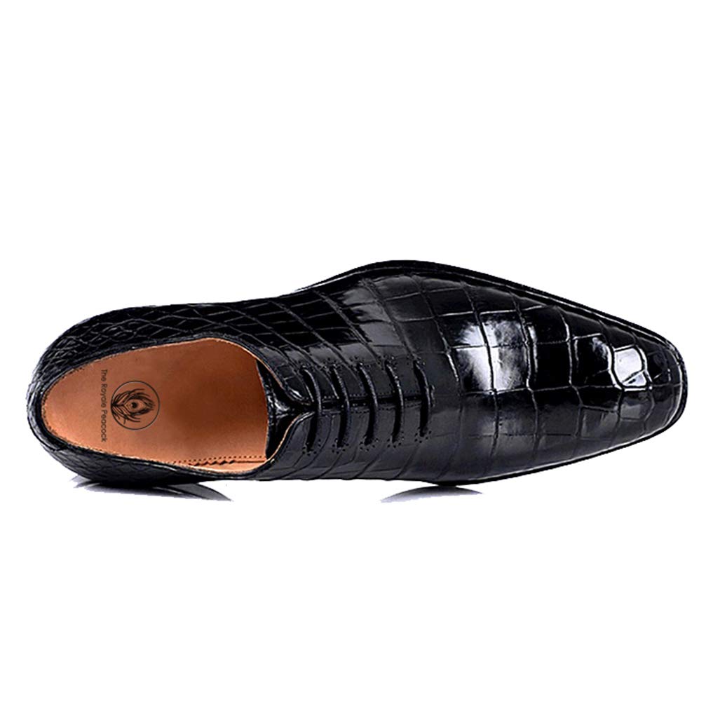 Black Croco Print Exotic Leather Formal Wholecut Oxford Lace Up Shoes for Men with Leather Sole. Goodyear Welted Construction Available.