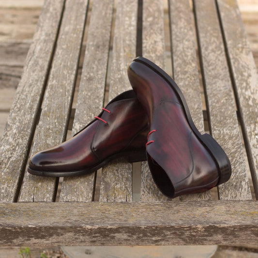 Burgundy Finish Leather Formal Chukka Boot Lace Up Shoes for Men with Leather Sole. Goodyear Welted Construction Available.