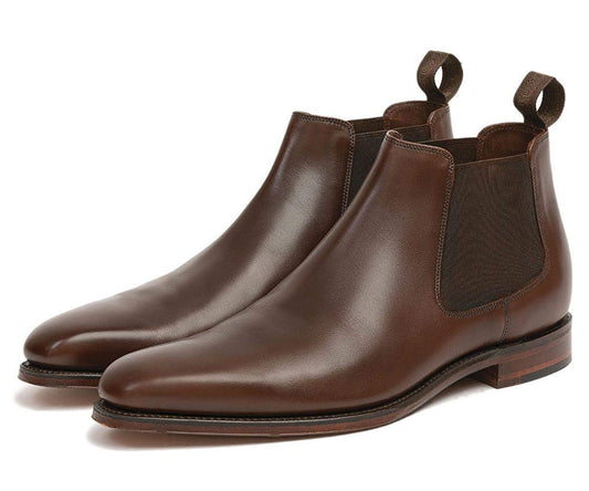 Brown Leather Formal Short Chelsea Slip On Boot Shoes for Men with Leather Sole. Goodyear Welted Construction Available.