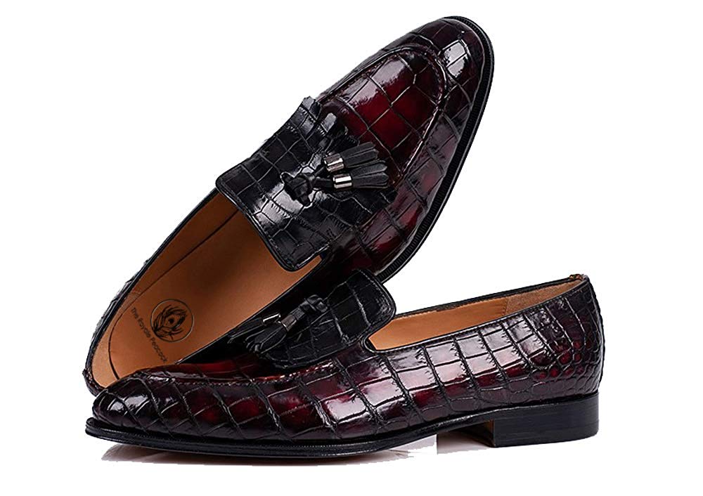 Burgundy Cherry Red Black Croco Print Leather Formal Frill Tassel Loafer Slip On Shoes for Men with Leather Sole. Goodyear Welted Construction Available.