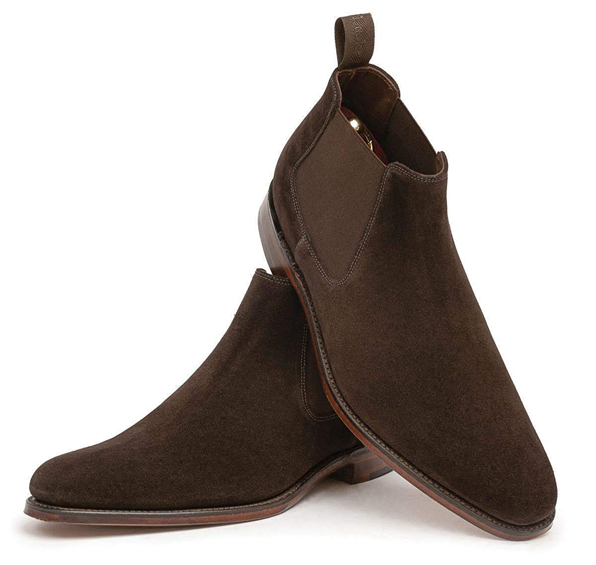 Dark Brown Suede Leather Formal Short Chelsea Slip On Boot Shoes for Men with Leather Sole. Goodyear Welted Construction Available.