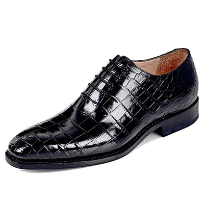 Black Croco Print Exotic Leather Formal Wholecut Oxford Lace Up Shoes for Men with Leather Sole. Goodyear Welted Construction Available.