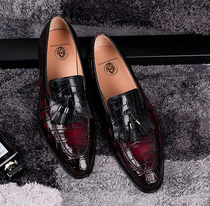 Burgundy Cherry Red Black Croco Print Leather Formal Frill Tassel Loafer Slip On Shoes for Men with Leather Sole. Goodyear Welted Construction Available.