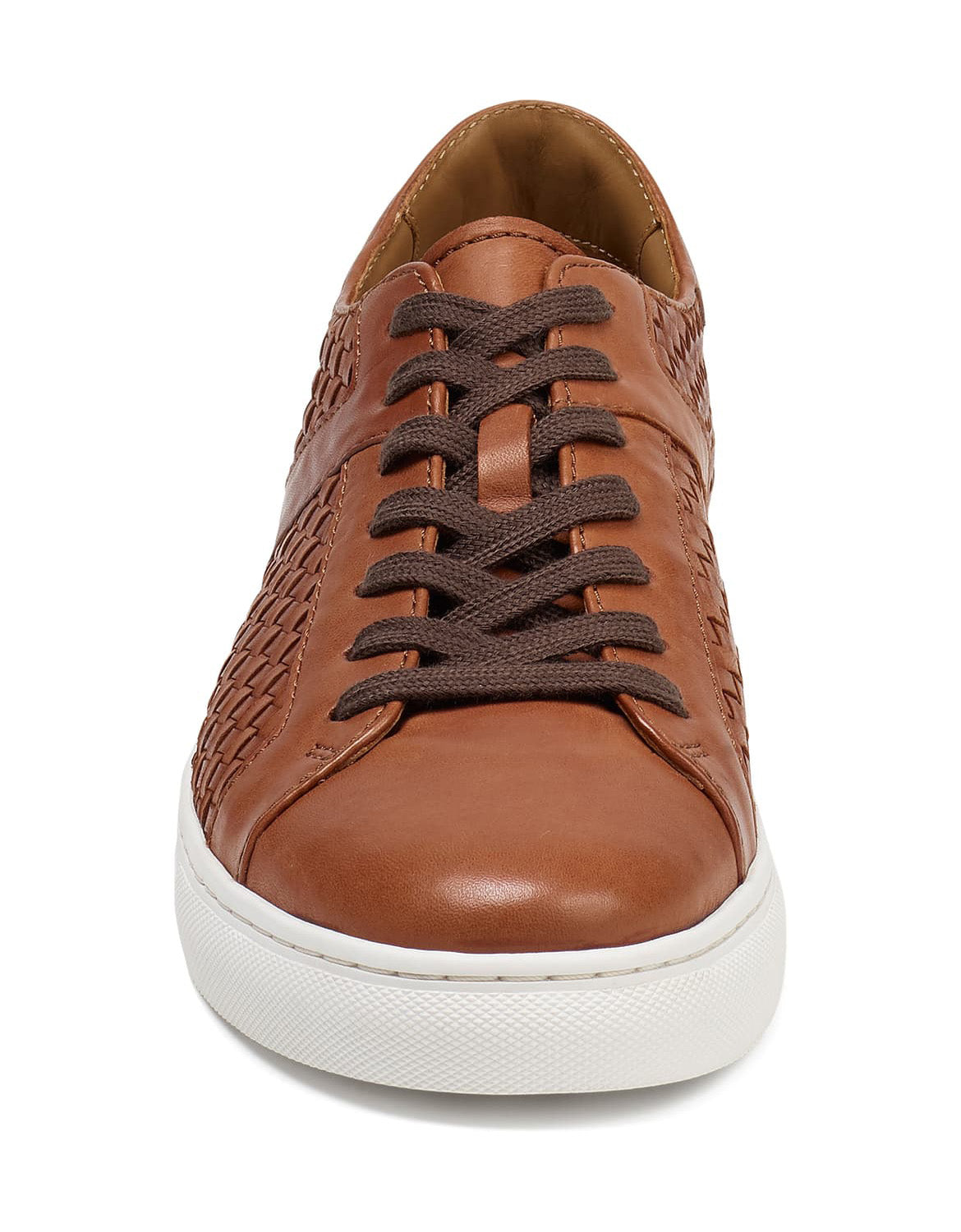 Brown Tan Braided Leather Low Top Lace Up Sneaker for Men. White Comfortable Cup Sole.