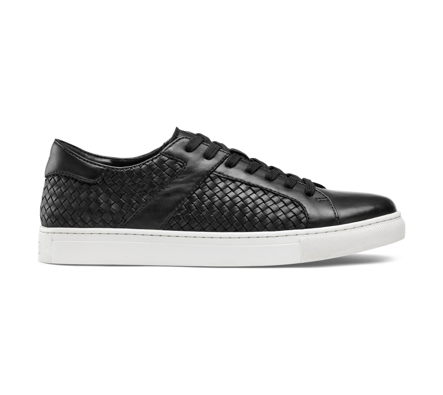 Black Braided Leather Low Top Lace Up Sneaker for Men. White Comfortable Cup Sole.