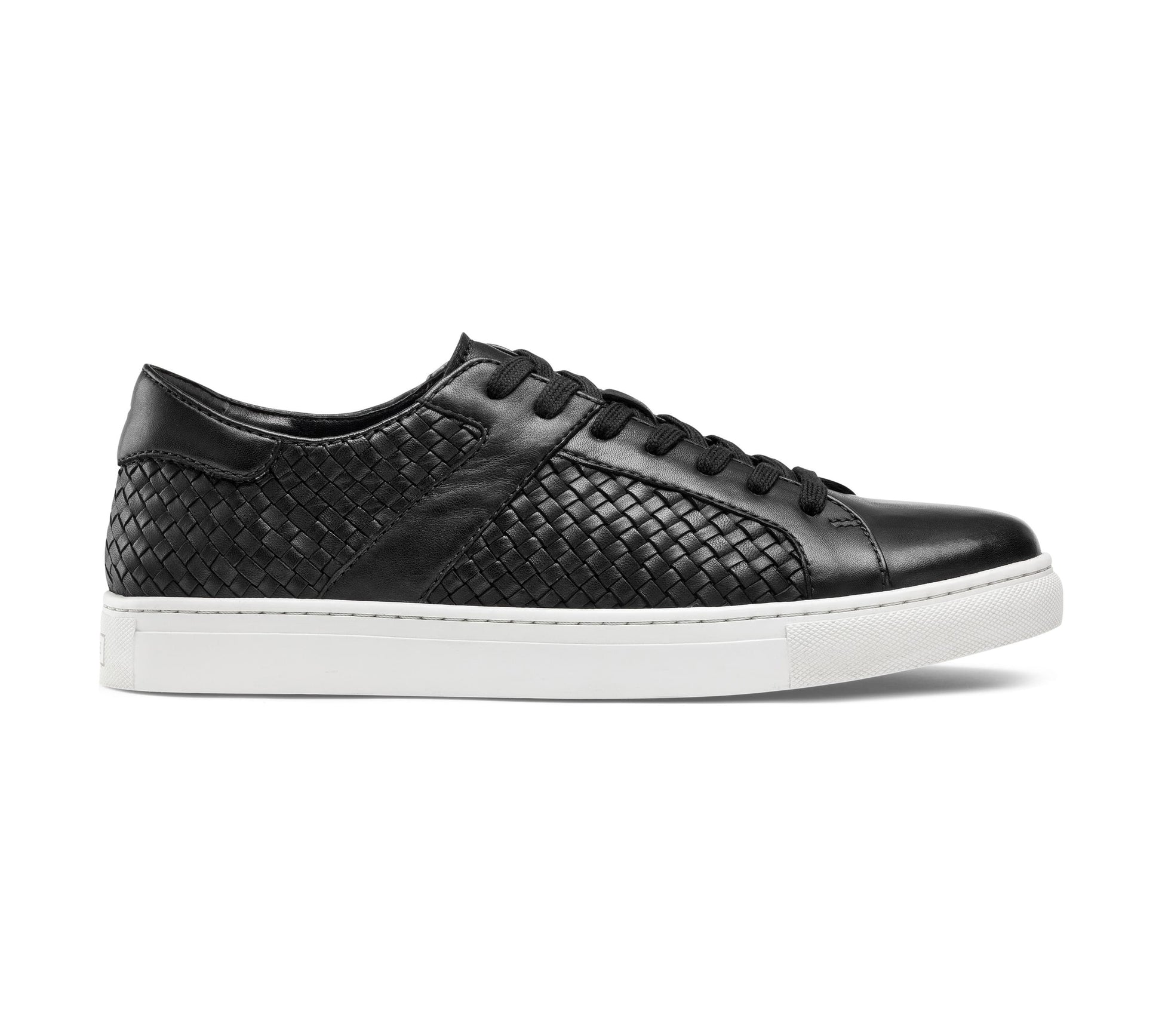 Black Braided Leather Low Top Lace Up Sneaker for Men. White Comfortable Cup Sole.
