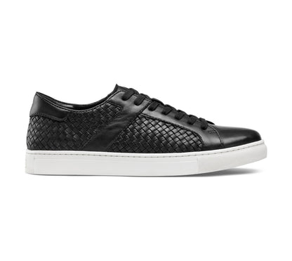Black Braided Leather Low Top Lace Up Sneaker for Men. White Comfortable Cup Sole.
