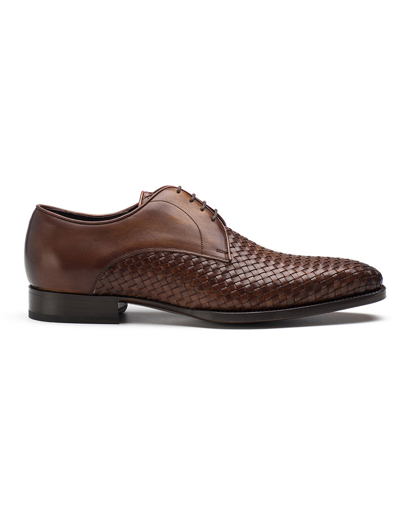 Brown Leather Braided Woven Formal Derby Lace Up Shoes for Men with Leather Sole. Goodyear Welted Construction Available.